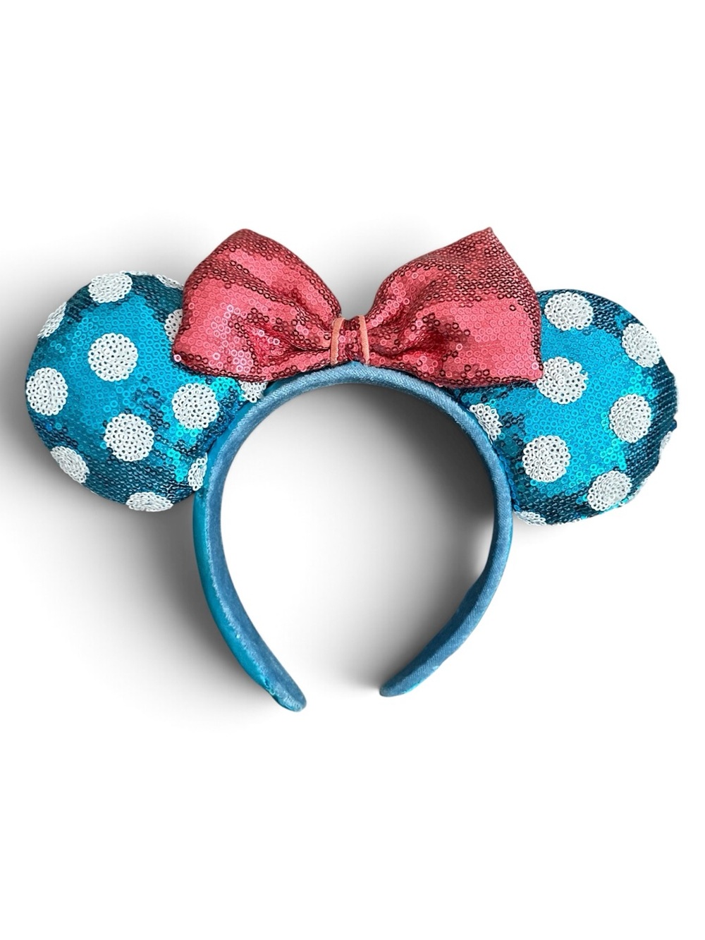 Official Disney Minnie Mouse Ears Sequins Pink & Aqua Blue Polka Dots